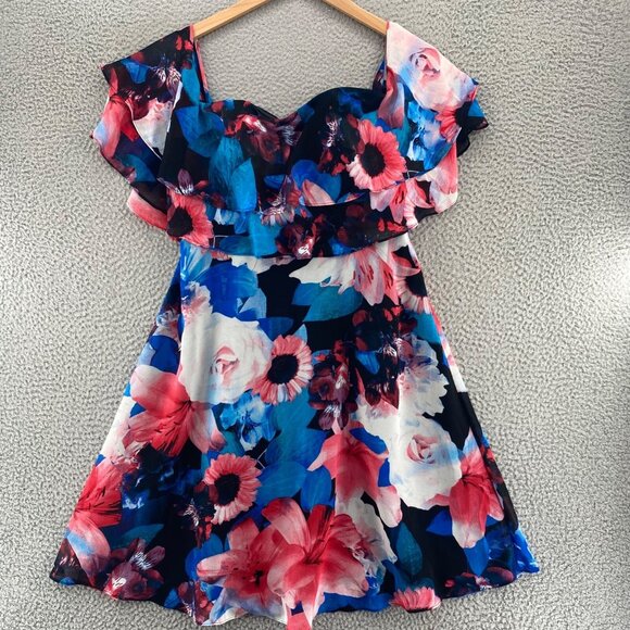 Calvin Klein Dress Womens 10 Blue Pink Floral Chiffon Sheath Strapless Ruffle - Picture 1 of 9